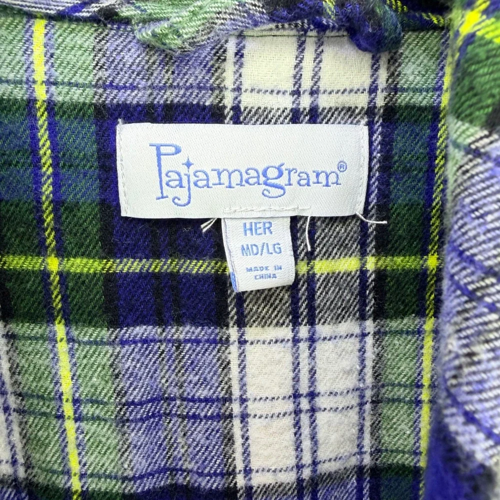 PajamaGram Women Blue Green White Plaid Flannel Robe Medium Large MD/LG